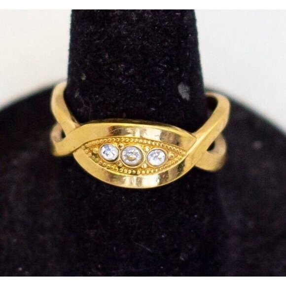 Size 6 1/2, Vintage Three Rhinestones Gold Tone Eye-shaped Ring - A26 - Picture 1 of 3